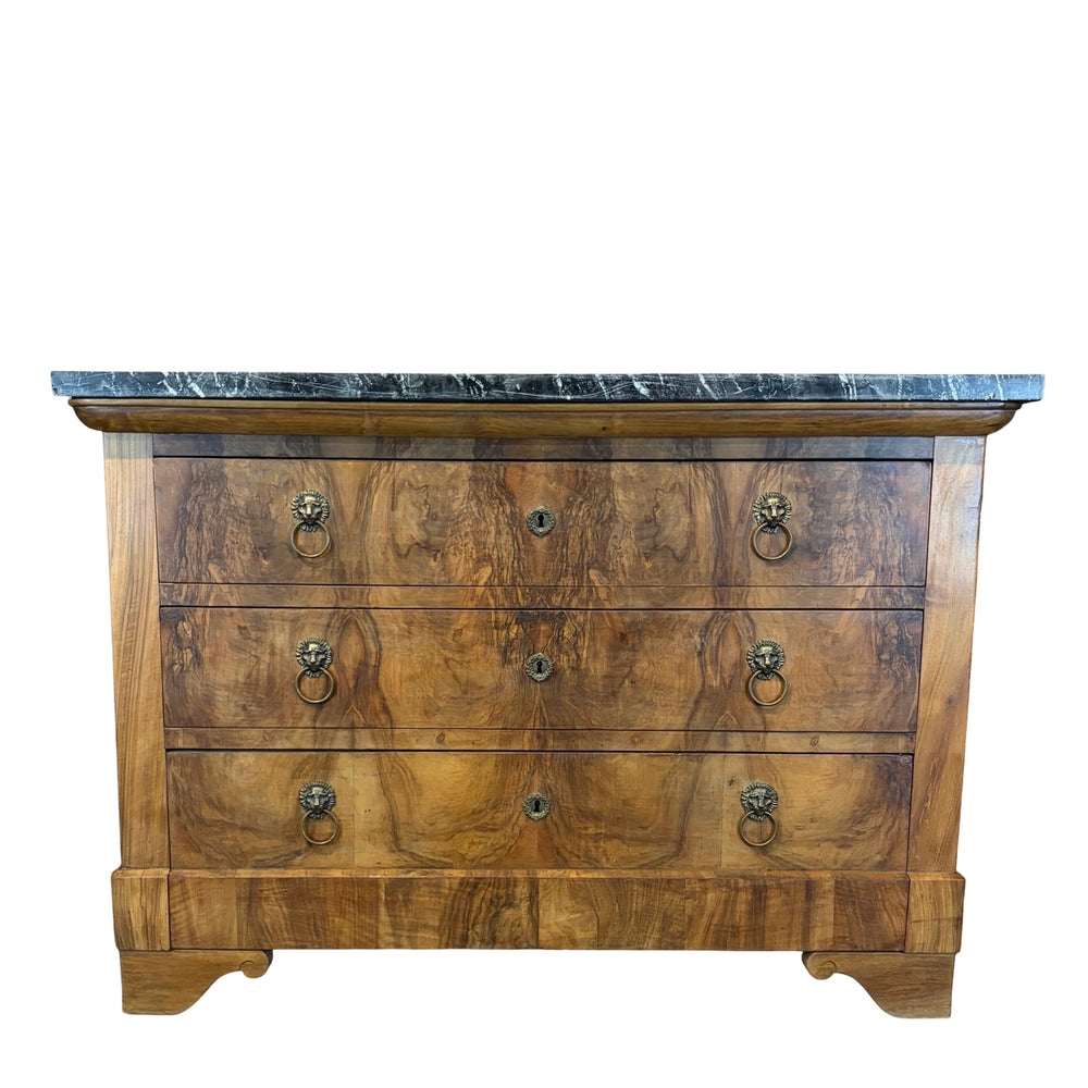19th Century French Burled Wood Commode, Dresser or Chest of Drawers with Marble Top and Lion Pulls