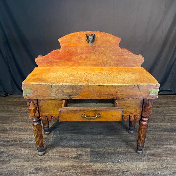 French Butcher’s Block Table With Bull’s Head Mount - Kitchen Island or Accent Table or Console
