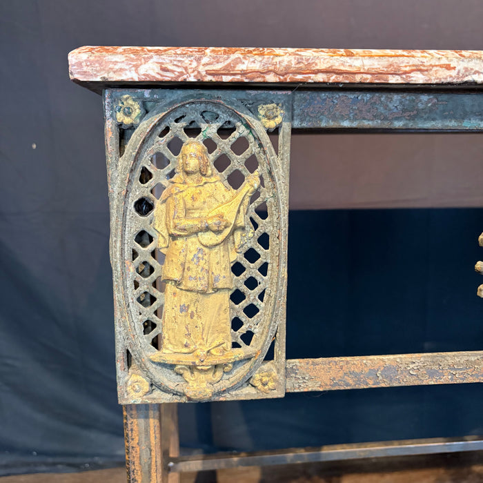Stunning French Balcony Console Table with Marble Top & Gold Figural Wrought Iron Panel