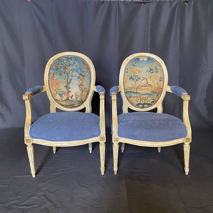 Pair of Early French Louis XVI Painted Armchairs or Fauteuils with Stunning Blue Aubusson Hunting Tapestry