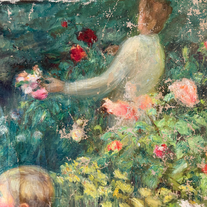 Impressionist Oil Painting: Listed Maine Artist Emily Muir (1904–2003) Large Figural Garden Scene with Mother and Children, Oil on Canvas