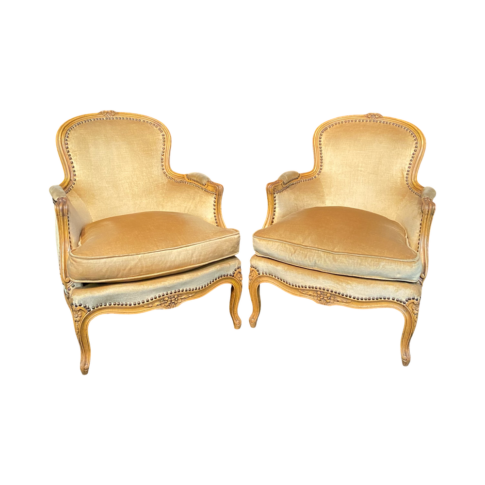 Fine French Pair Louis XV Armchairs or Bergeres with Brass Tacking