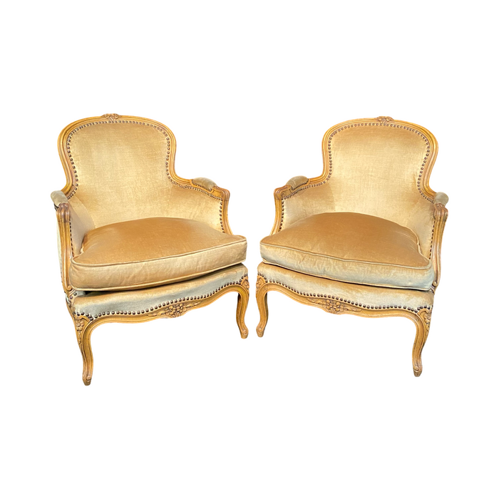 Fine French Pair Louis XV Armchairs or Bergeres with Brass Tacking