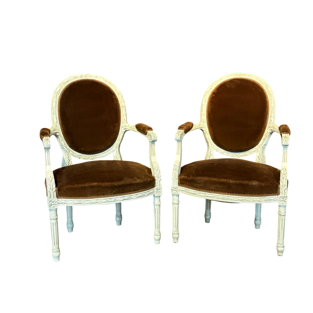 Pair of 19th Century French Louis XVI Carved and Painted Fauteuil Armchairs with Exceptional Carving