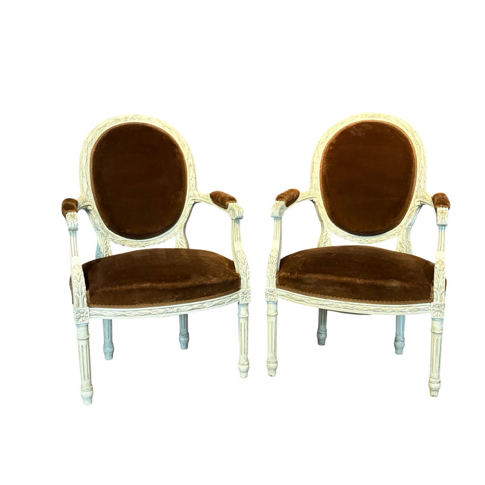 Pair of 19th Century French Louis XVI Carved and Painted Fauteuil Armchairs with Exceptional Carving