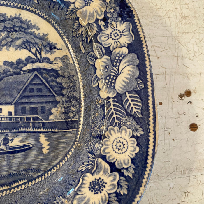 19th Century Wild Rose Antique Staffordshire Stoneware Serving or Meat Platter Blue and White Transferware