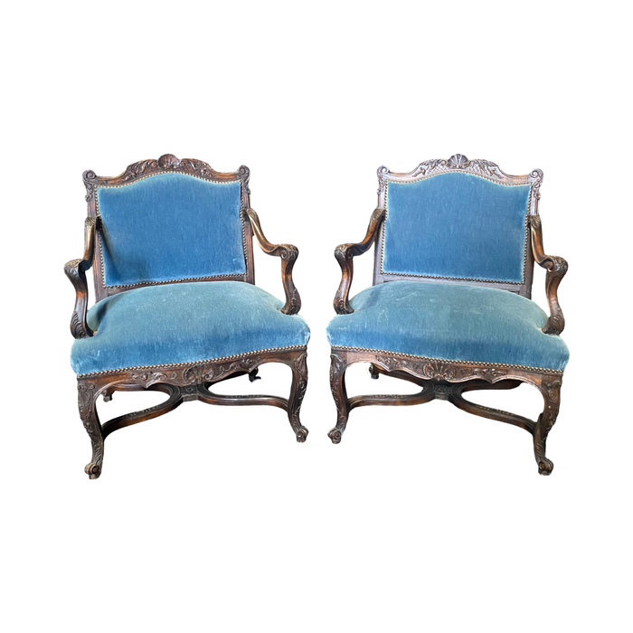 Pair of 19th Century French Louis XV Chairs with Original Blue Mohair Upholstery Armchairs or Fauteuils