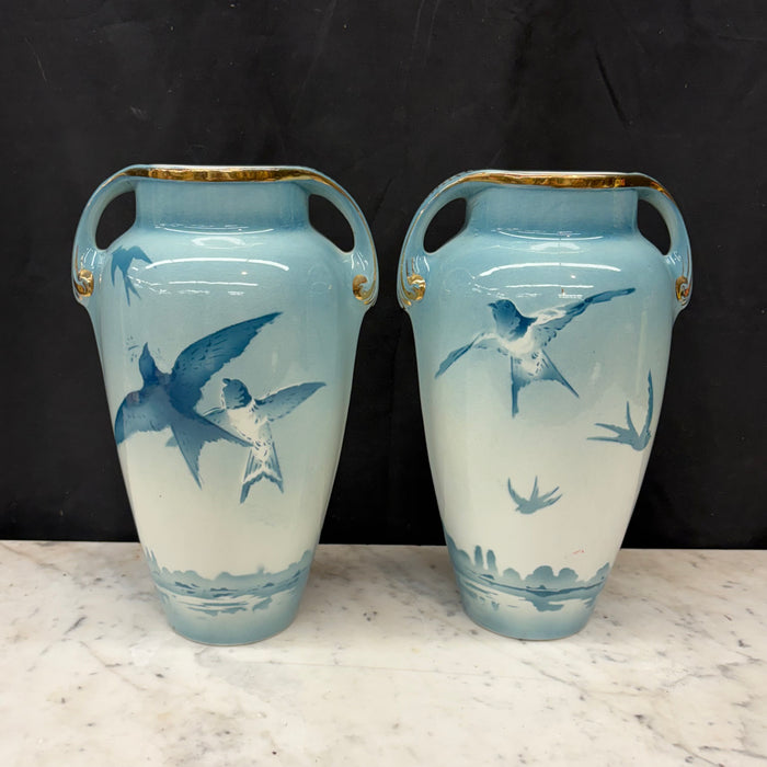 French Faience Three-Piece Vase and Jardinière Set with Swallows by Keller and Guerin