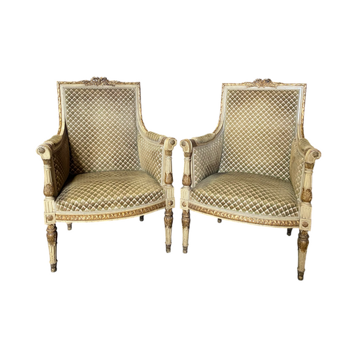 19th Century Fine French Louis XVI Carved Set 2 Bergere Chairs or Armchairs