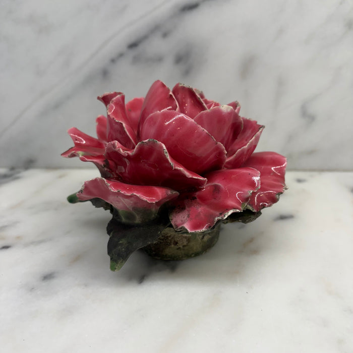 Antique French Pink Porcelain Rose Flower Sculpture with Green Leaves