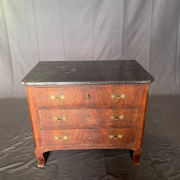 French Early 19th Century Louis XV Marble Top Period Burled Walnut Petite Commode or Chest of Drawers with Exquisite Original Hardware