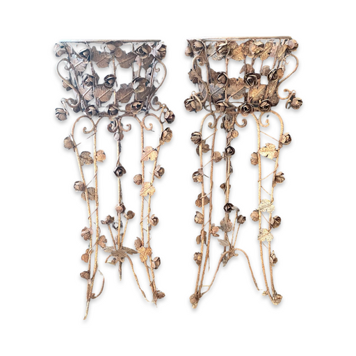 Pair of Antique French Iron Jardinieres or Plant Stands with Sculpted Roses, Leaves and Vines