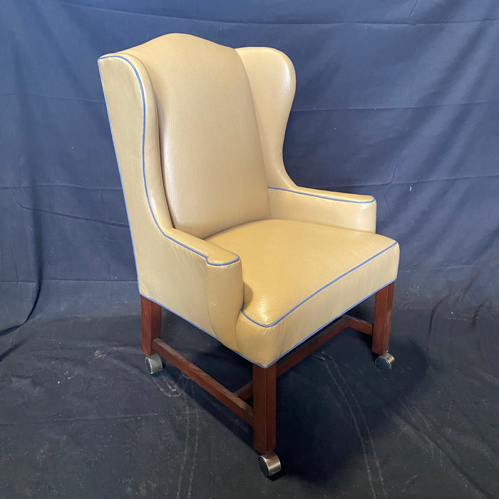 Classic Traditional George III Style Leather Snakeskin Wing Chair on Casters