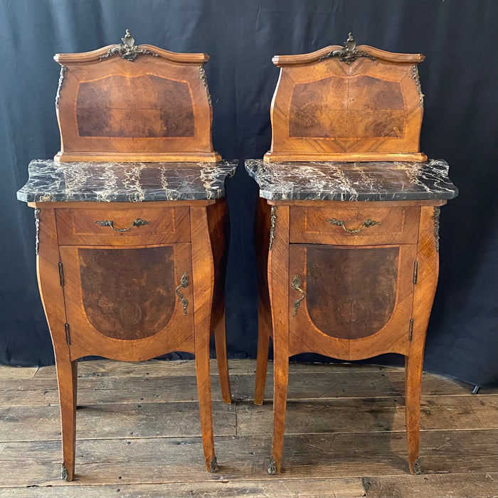Pair of Antique French Louis XV Marble Top Bedside Cabinets, Nightstands or Side Tables