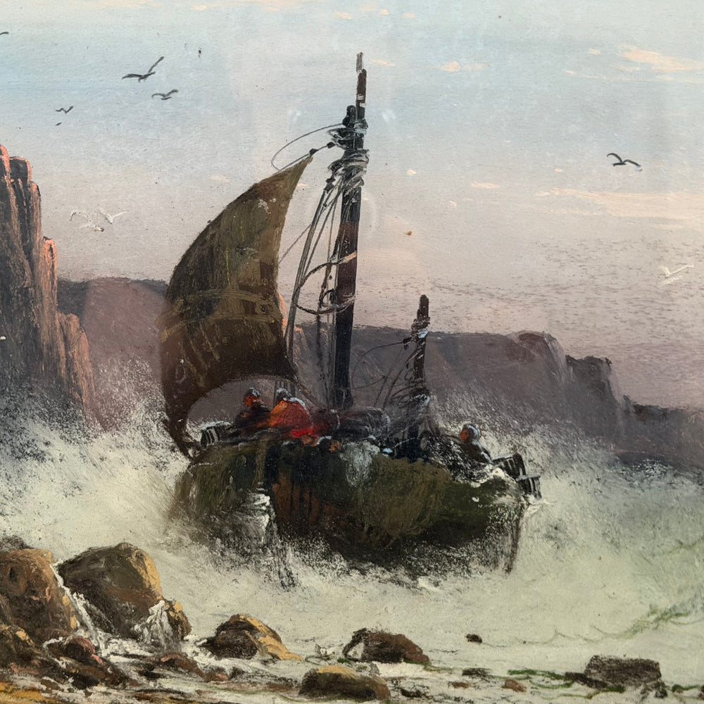 19th Century Coastal Seascape Pastel Painting with Rocky Coast by Listed Artist Clarence E. Braley (1854-1927)