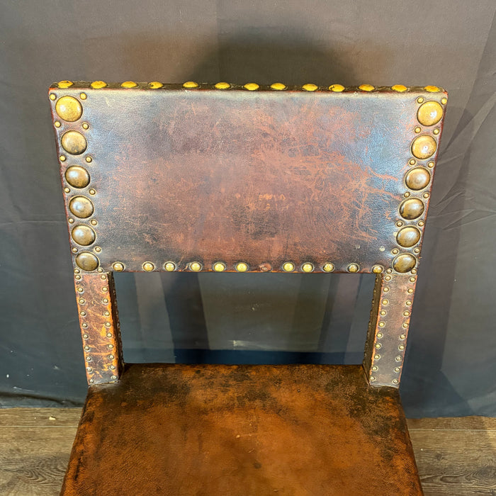 French Antique Set of Leather and Nailhead Dining Chairs with Bobbin Legs