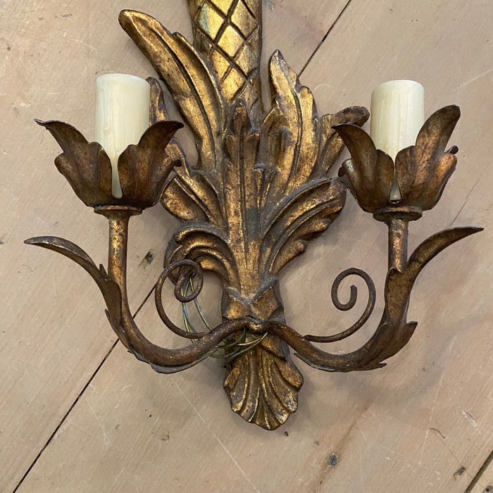 Pair of French Carved Giltwood Two-Light Wall Sconces with Diamond-Carved Urn Motifs