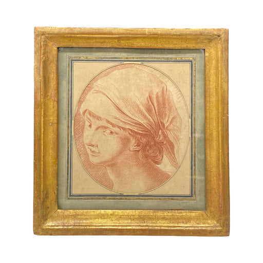 18th Century French Sanguine Red Chalk Drawing of a Boy in a Kerchief in Early Gold Gilt Frame