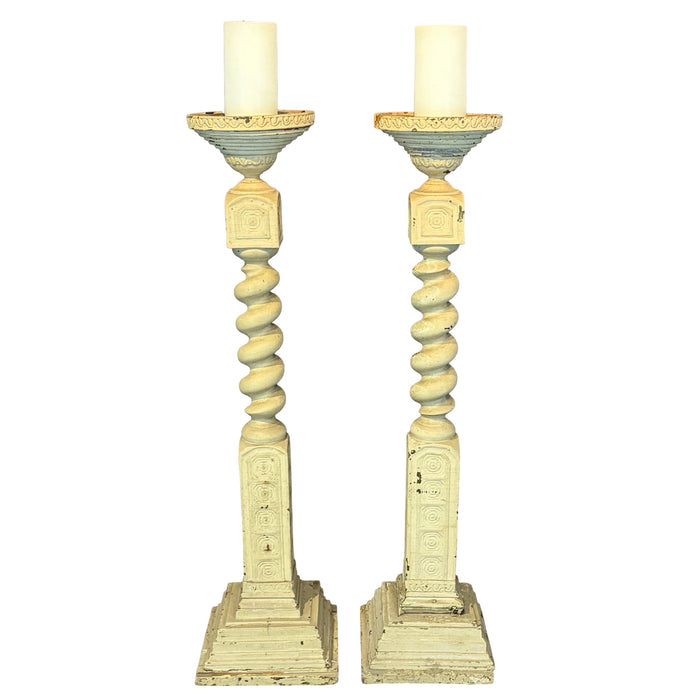 Pair of Monumental 19th Century French Carved Architectural Wood Church Altar Candlesticks with Barley Twist Columns, Almost 4 Feet Tall