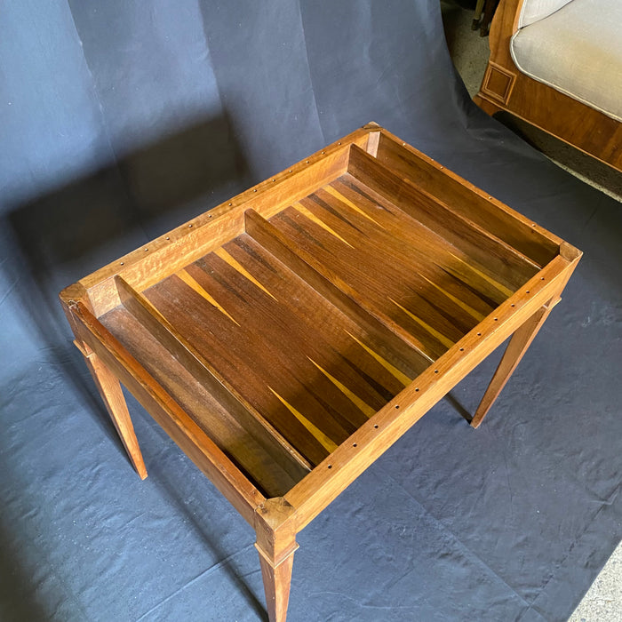 French Louis XVI Walnut Game Table with Reversible Embossed Leather Top, Marquetry Games Play Board and Inlaid Backgammon Board