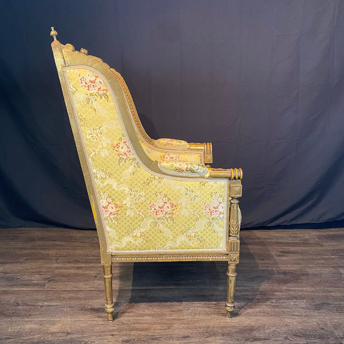 French Louis XVI Early 20th Century Giltwood Wingback Bergere Carved Armchair