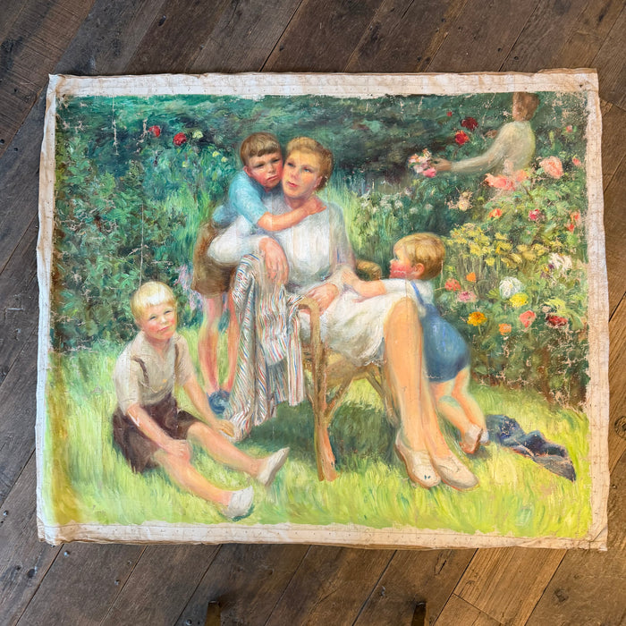 Impressionist Oil Painting: Listed Maine Artist Emily Muir (1904–2003) Large Figural Garden Scene with Mother and Children, Oil on Canvas