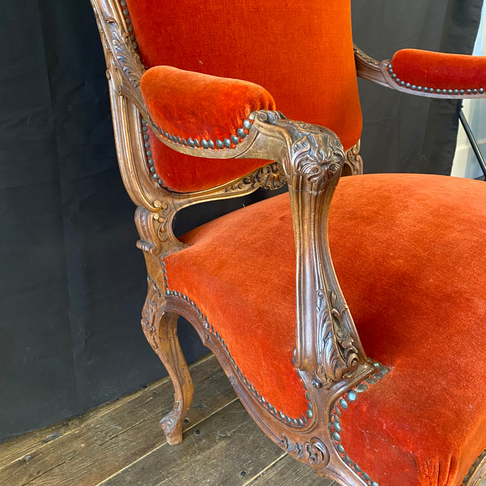 Pair of French Louis XV Intricately Carved Armchairs, Fauteuils or Parlor or Lounge Chairs with Original Fabulous Vermilion Red Mohair