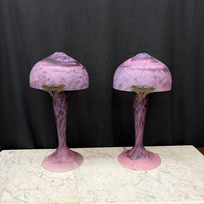 Pair of French La Rochere Art Nouveau Mushroom Table Lamps with Marbled Glass Shades and Bronze Dragonfly Details
