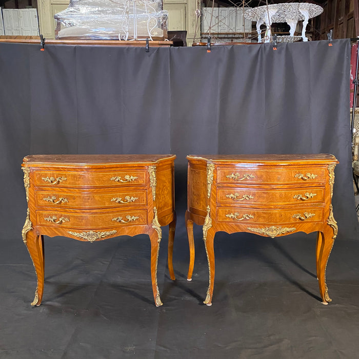 French Pair of Louis XV Walnut Commodes, Side Tables or Nightstands with Ormolu Accents