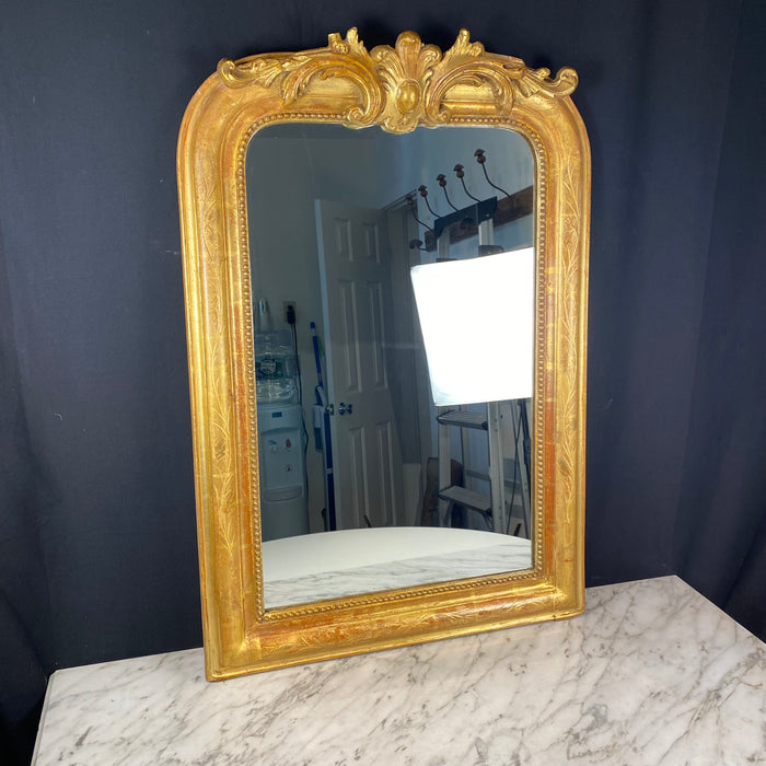 Antique French Louis Philippe Mirror with Crest and Original Gold Gilt Paint