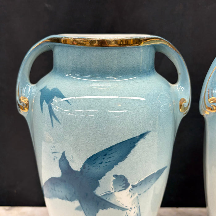 French Faience Three-Piece Vase and Jardinière Set with Swallows by Keller and Guerin
