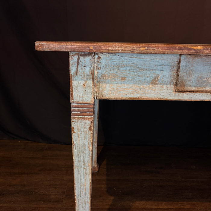 Antique French Provincial Painted Table or Desk with Drawer, Pale Blue Patina
