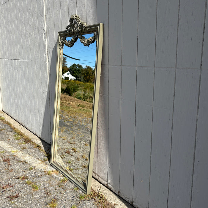 Tall Antique French Painted Neoclassical Pier Mirror with Gilt Accents, Floral Garlands, Ribbon Bow and Wreath Crest