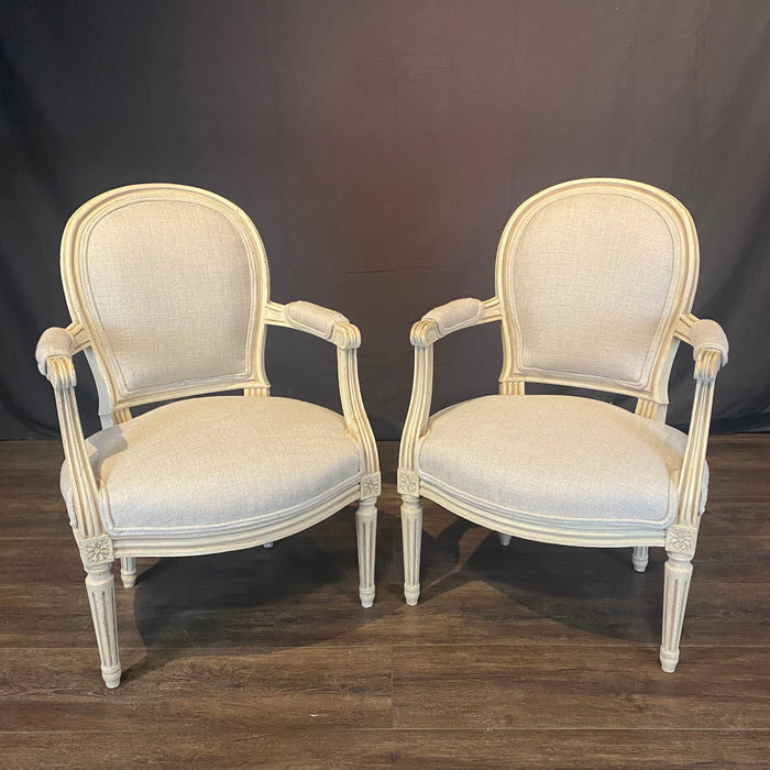 19th Century Pair of French Louis XVI Painted Neoclassical Fauteuil Armchairs