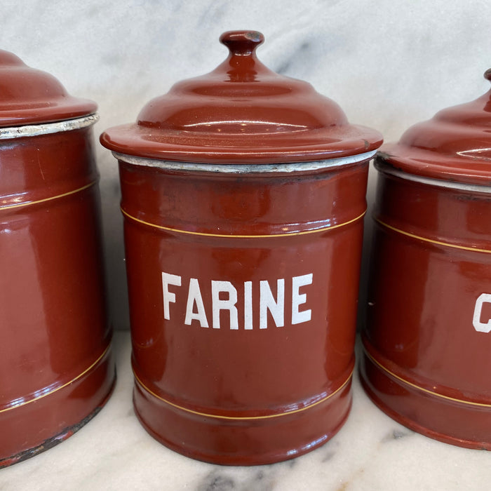Set of Five French Reddish Brown Enamel Kitchen Canisters with Original Lids