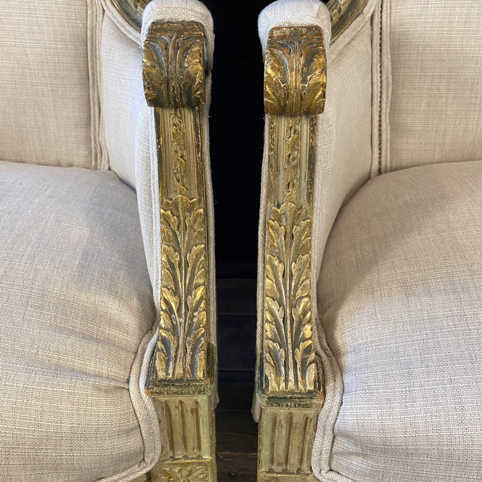 Pair of Intricately Carved French 19th Century Painted Louis XVI Bergere Armchairs with New Neutral Upholstery