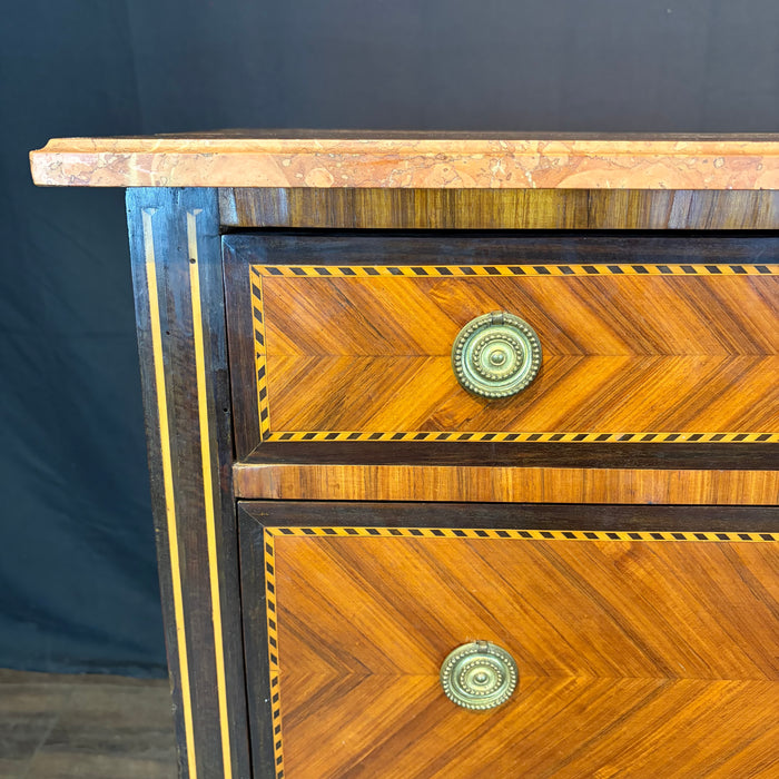 French Neoclassical Louis XVI Marble Top Parquetry Commode or Chest of Drawers
