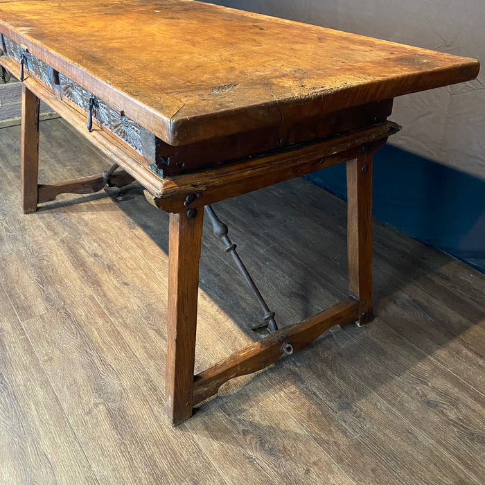 Antique Spanish Baroque Walnut Writing Table, Desk or Console with Iron Stretchers