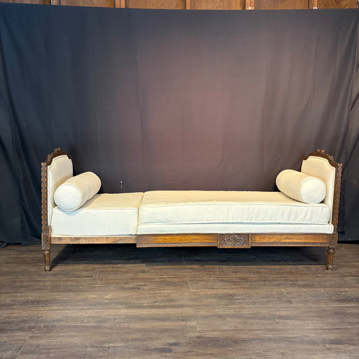 Antique French Louis XVI Carved Walnut Expandable Daybed, Settee and Guest Bed with Neutral Upholstery
