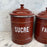Set of Five French Reddish Brown Enamel Kitchen Canisters with Original Lids