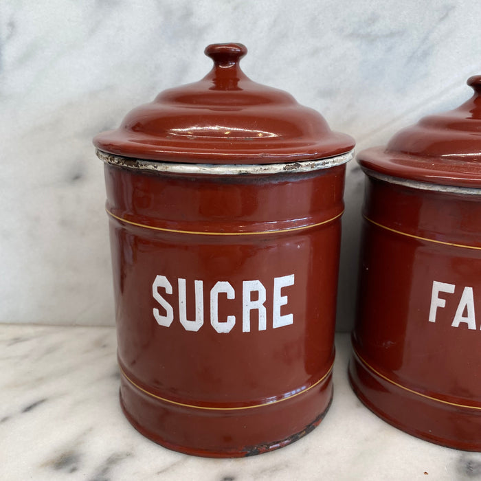 Set of Five French Reddish Brown Enamel Kitchen Canisters with Original Lids