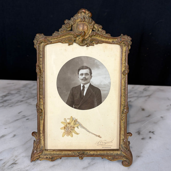 Antique French Ornate Gilt Metal Photo Frame with Original Portrait & Pressed Edelweiss