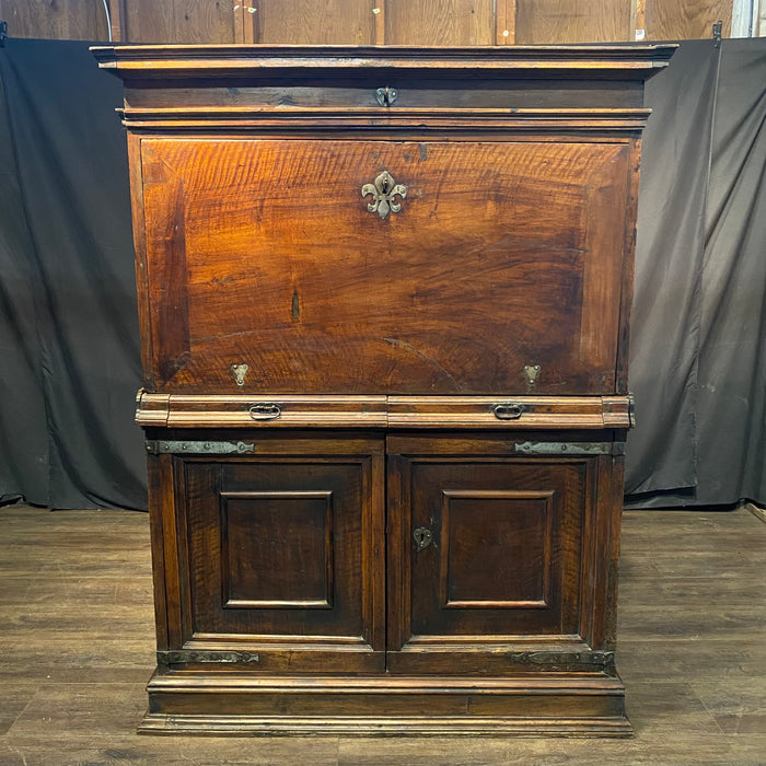 18th Century Spanish Baroque Walnut Bargueno or Vargueno Fall-Front Writing Desk Cabinet Spanish Cabinet "Bargueño" or Vargueno on Stand, Original Wrought Iron and Keys