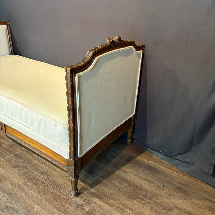 Antique French Louis XVI Carved Walnut Expandable Daybed, Settee and Guest Bed with Neutral Upholstery