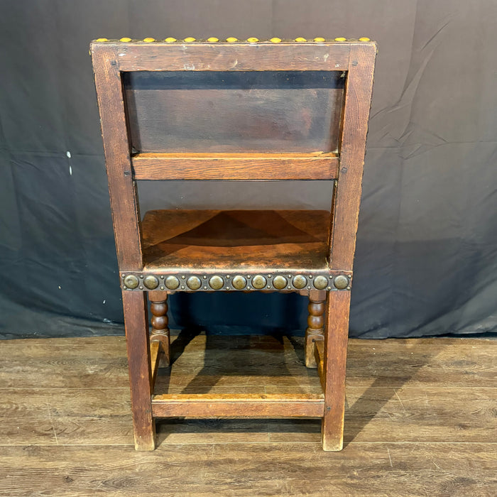 French Antique Set of Leather and Nailhead Dining Chairs with Bobbin Legs