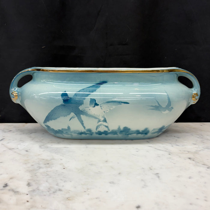 French Faience Three-Piece Vase and Jardinière Set with Swallows by Keller and Guerin