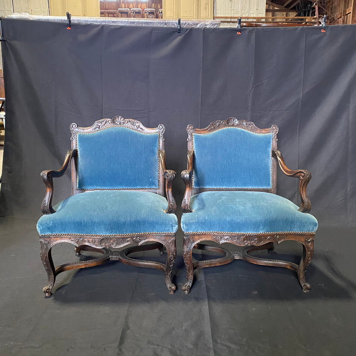 19th Century French Louis XV Chairs with Original Blue Mohair Upholstery: Set of 4 - 2 Armchairs and 2 Side Chairs