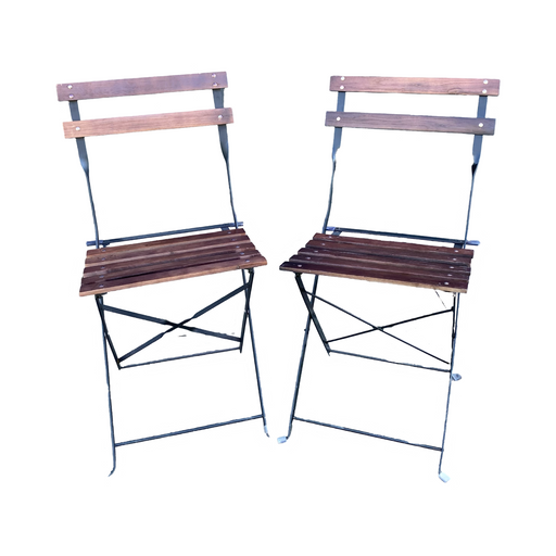 French Style Iron and Slatted Wood Cafe or Bistro Table Folding Garden or Dining Chairs