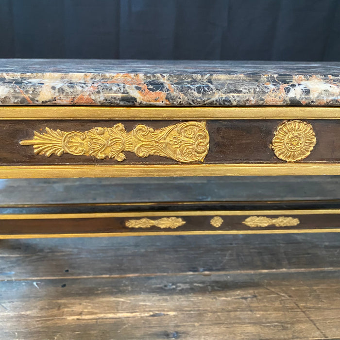 Elegant French Antique Neoclassical Ebony and Gold Gilt Marble Top Coffee Table or Cocktail Table