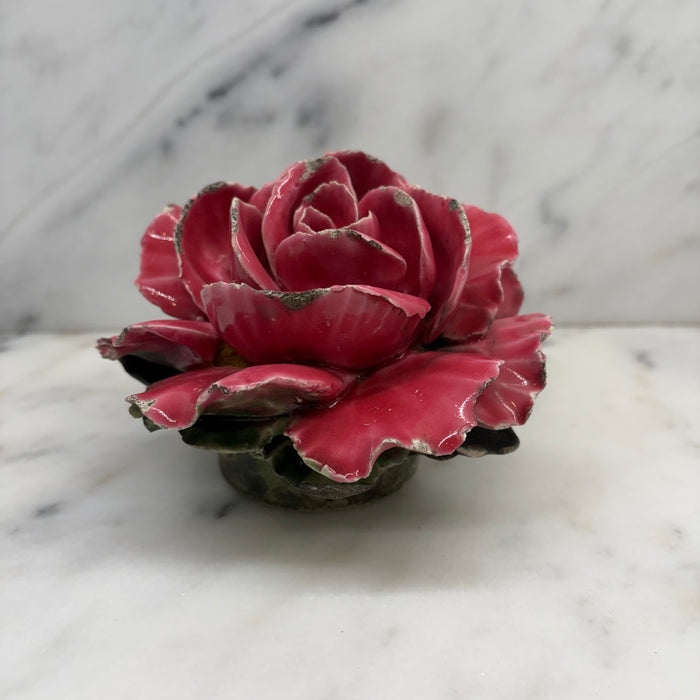 Antique French Pink Porcelain Rose Flower Sculpture with Green Leaves